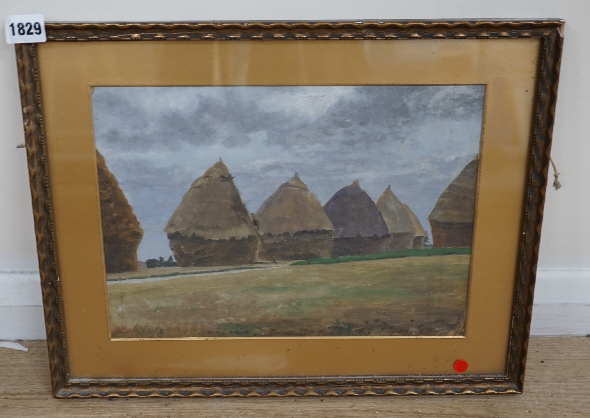 Charles des Anges, oil, Haystacks, signed with monogram and dated 1890, indistinct ink inscription verso, 23 x 32cm. Condition - fair